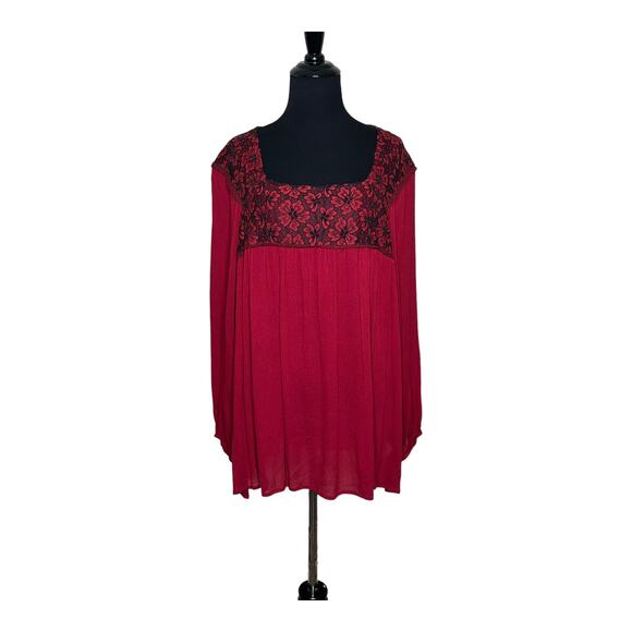 Susan Betro red black floral lace long sleeves tunic top size Large - Picture 6 of 8